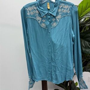 Shyanne Teal Embroidered Button-Down Shirt